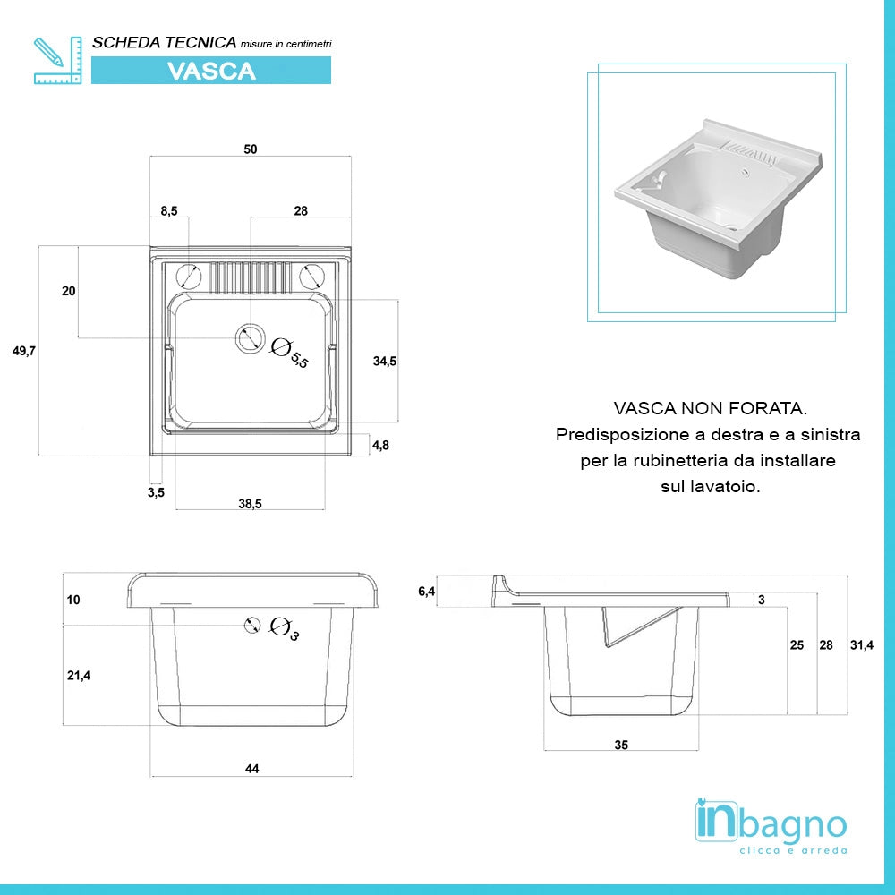Mobile Lavatoio in Kit 50x50 cm con Vasca in Resina colore Bianco
