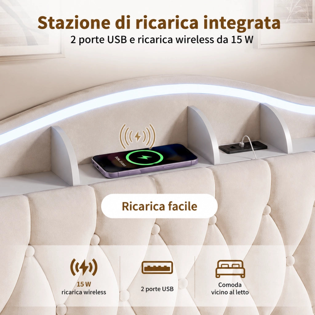 Letto a molle a sollevamento idraulico, testiera velluto beige, con luci LED RGB, stazioni di ricarica USB e wireless, scomparti porta oggetti, 160x200 cm