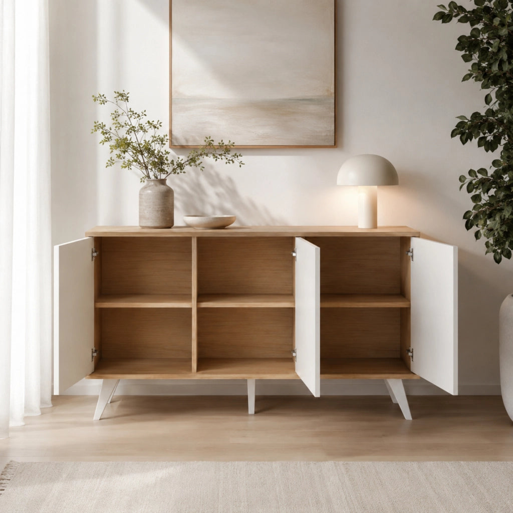 Mobiletto Credenza Moderna Con 3 Ante Senza Maniglie Design Minimal Per Soggiorno Salotto Corridoio E Ingresso 154 X 72 X 40 Cm Bianco E Rovere
