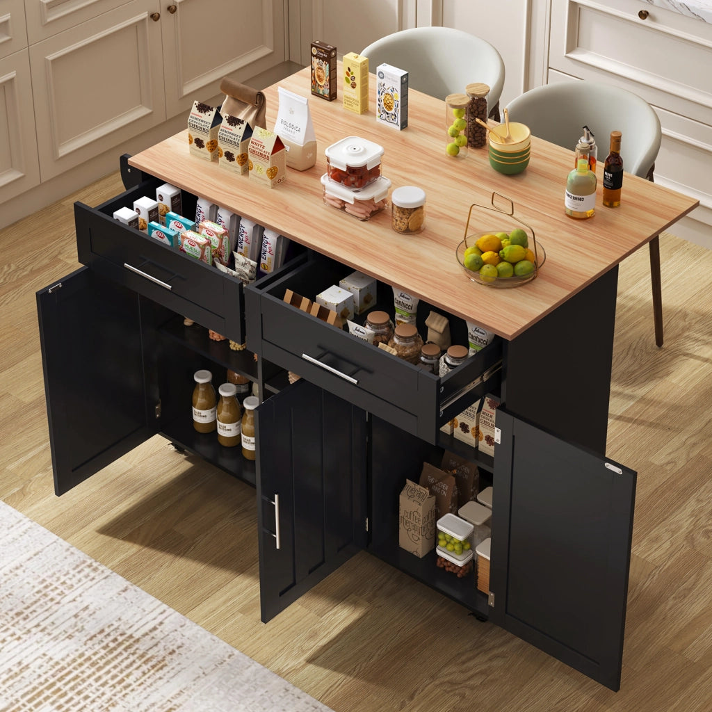 Carrello cucina con piano apribile 129x71x91,5 cm, isola con 2 cassetti, ante con ripiani interni, ruote e piedini