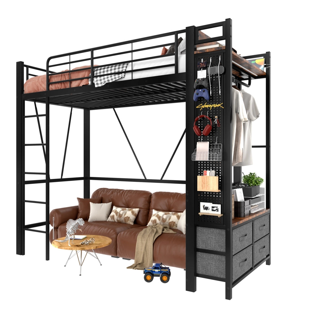 Letto a soppalco 90x200 cm nero con contenitore integrato e LED, senza materasso