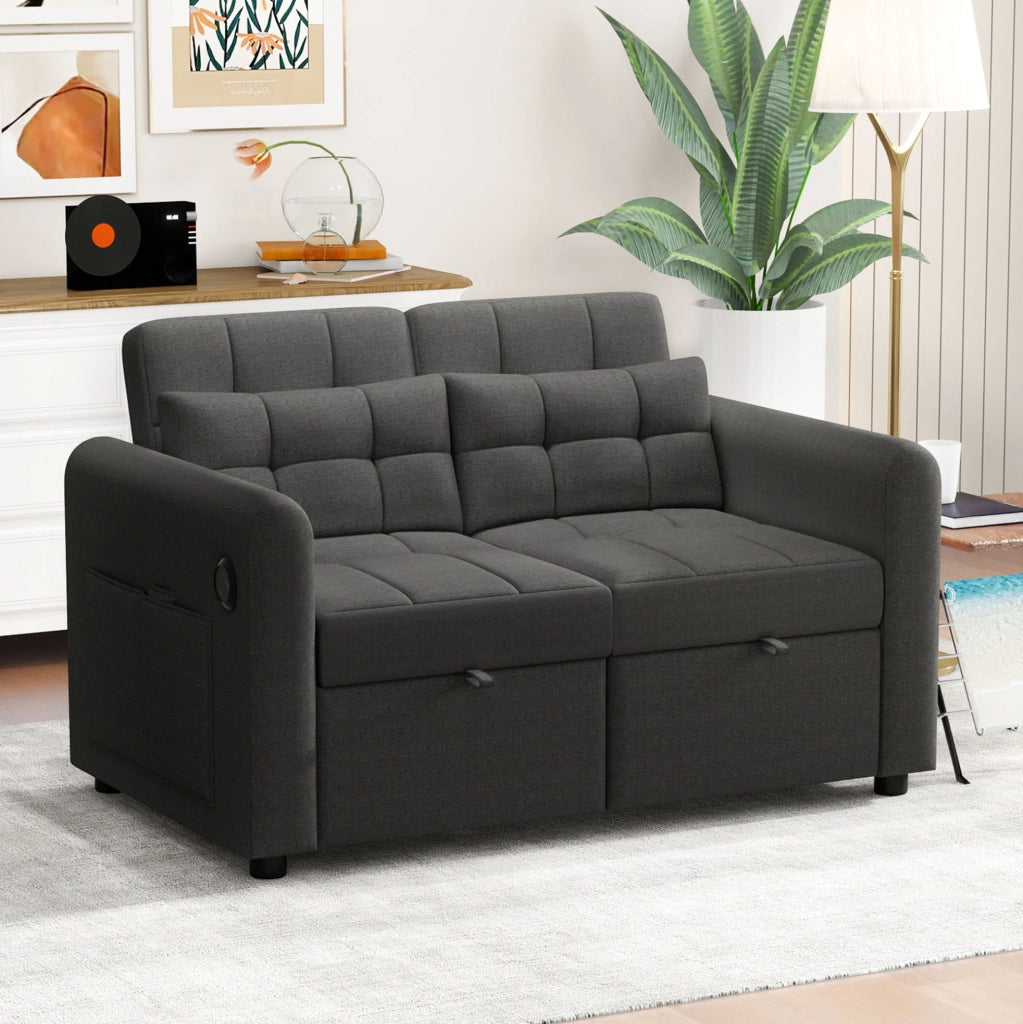 Divano letto 3 in 1 con schienale regolabile; USB e tasche in cotone e lino grigio