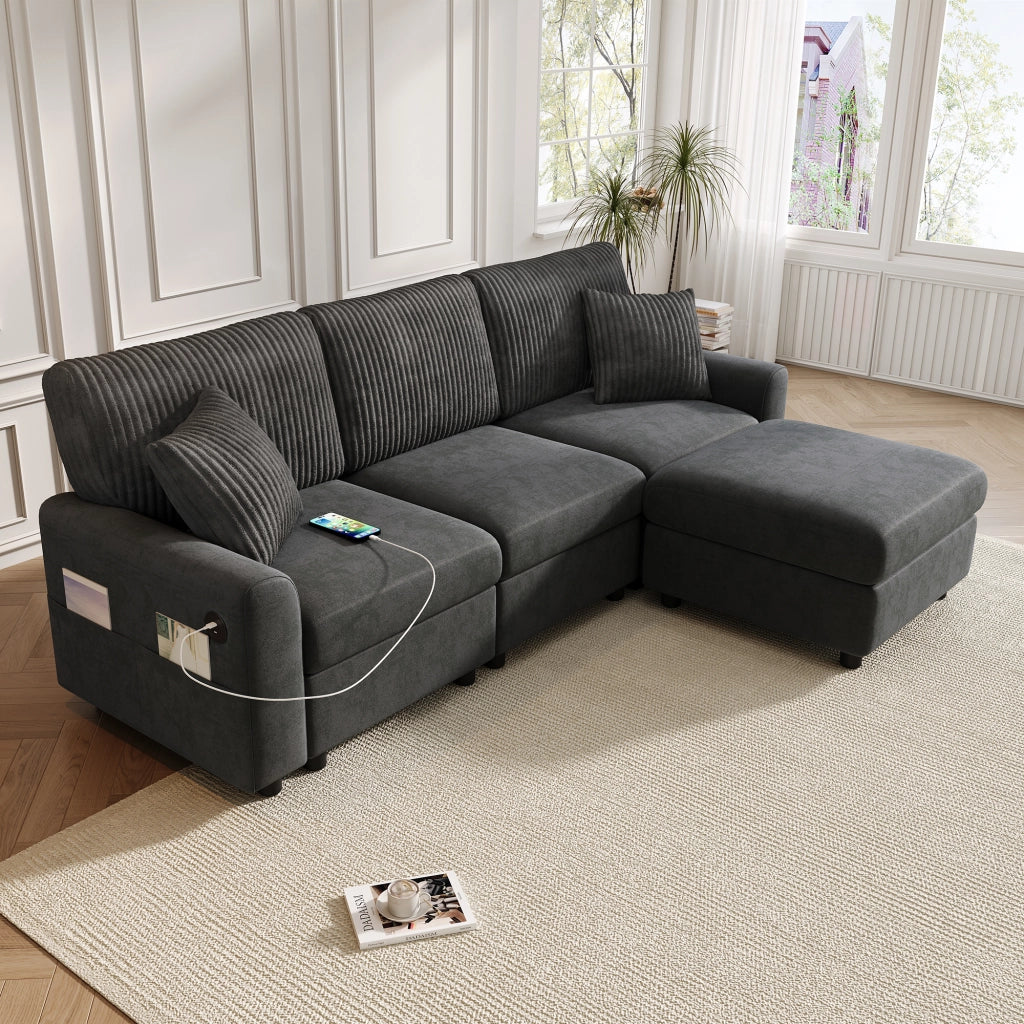 Divano in ciniglia e velluto a coste grigio con pouf mobile cuscini e porte USB e Type-C 84 × 223 × 146 cm