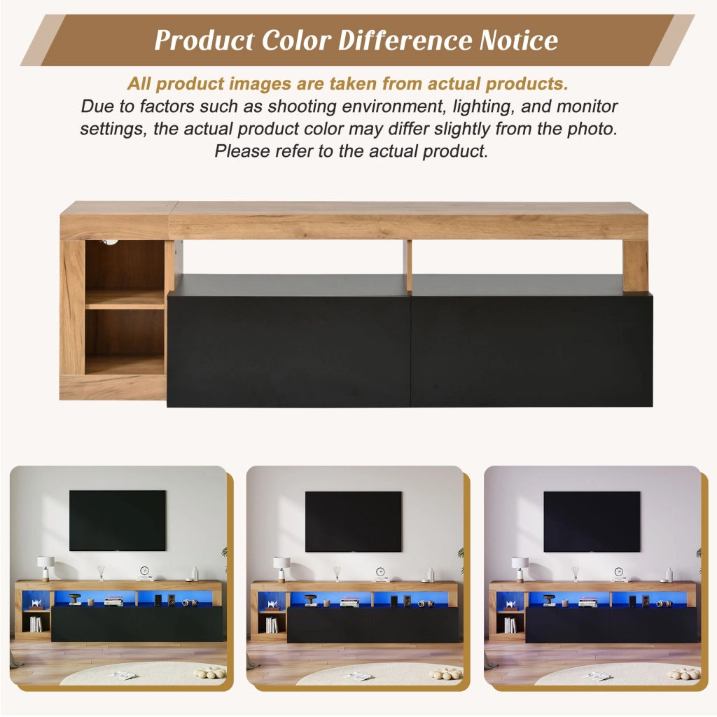 Mobile TV con luci a LED e vani a vista, adatto a televisori da 80 pollici, nei colori legno naturale e nero