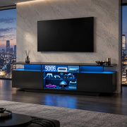 Mobile TV 160x40x45 cm con LED controllabile via app, 2 vani, MDF e vetro nero