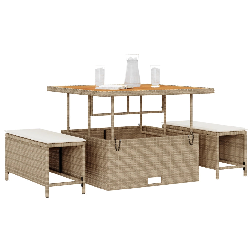 Set da pranzo da giardino 3 pezzi con cuscini in polyrattan beige e acacia
