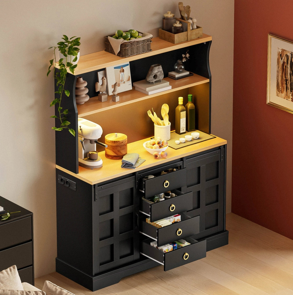 Mobile da cucina 120x40x150 cm con LED RGB; 4 cassetti; ante scorrevoli in MDF nero