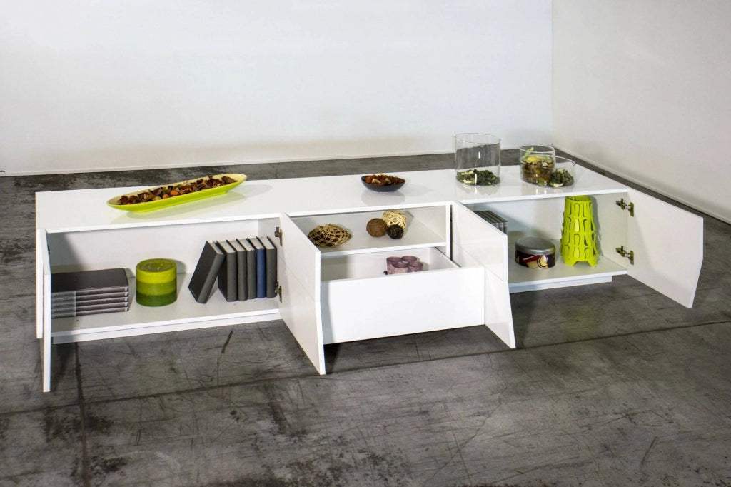 Mobile da soggiorno Porta Animai, Made in Italy, Credenza per Animai da salotto a 4 ante geometriche e 1 cassetto, Cm 220x43h46, Bianco lucido