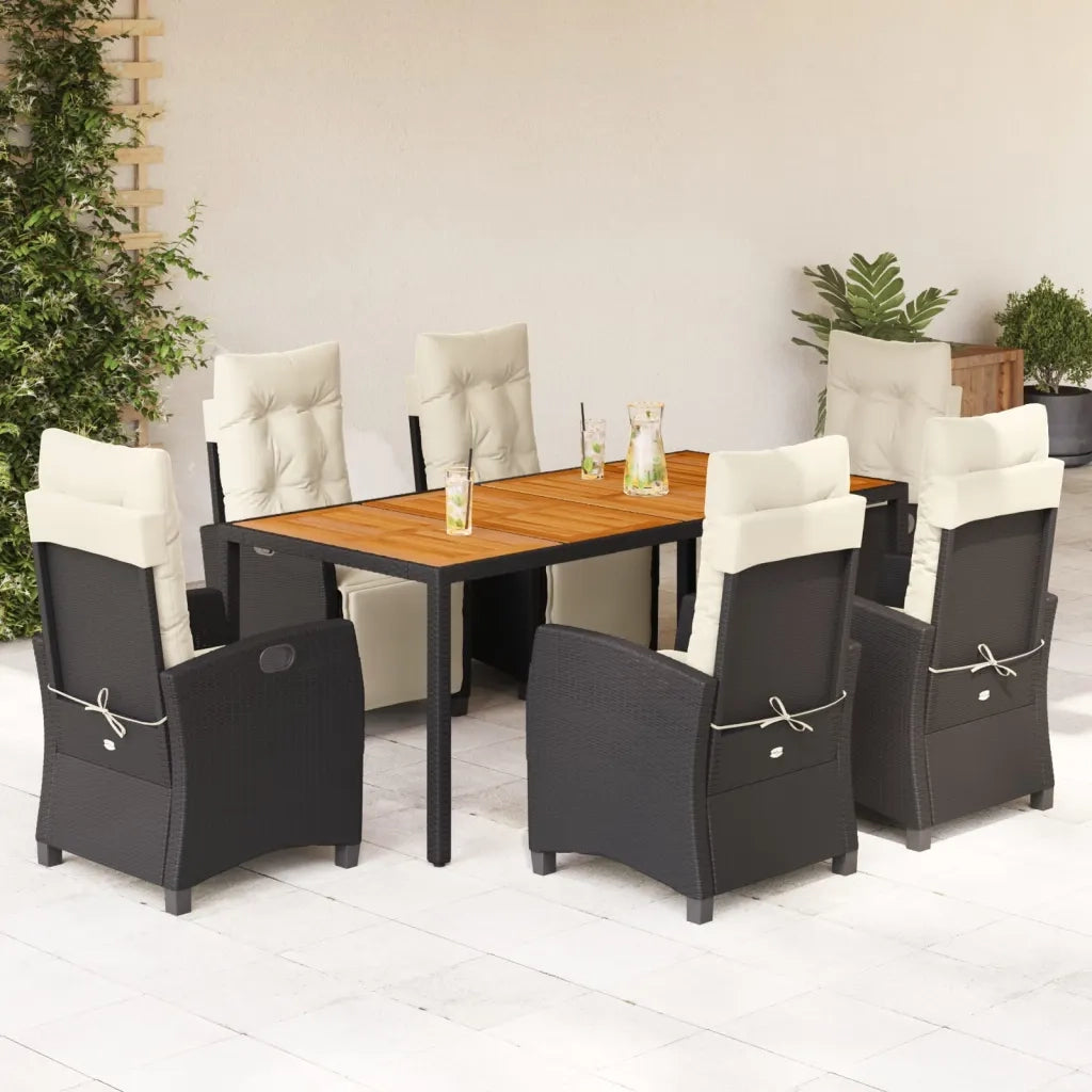 Set da Pranzo da Giardino 7 pz Nero con Cuscini in Polyrattan