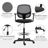 Sedia da Ufficio ad Altezza Regolabile con Braccioli, Rotelle e Seduta Imbottita, 60x56x110-132 cm, Nera