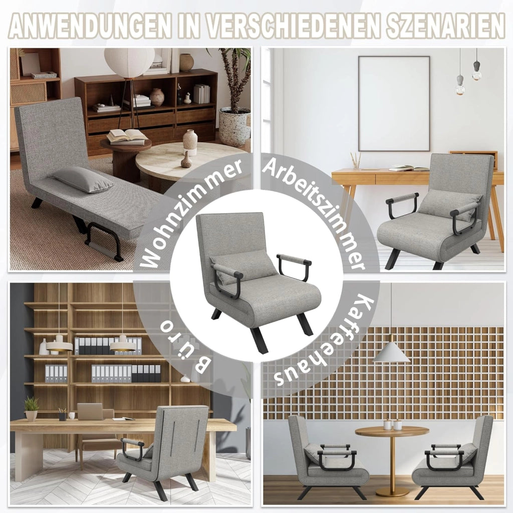 Divano letto 3 in 1 con funzione letto, divano letto con schienale regolabile e cuscino fino a 200 kg, portata 65 x 61 x 78 cm, 1 posto, grigio