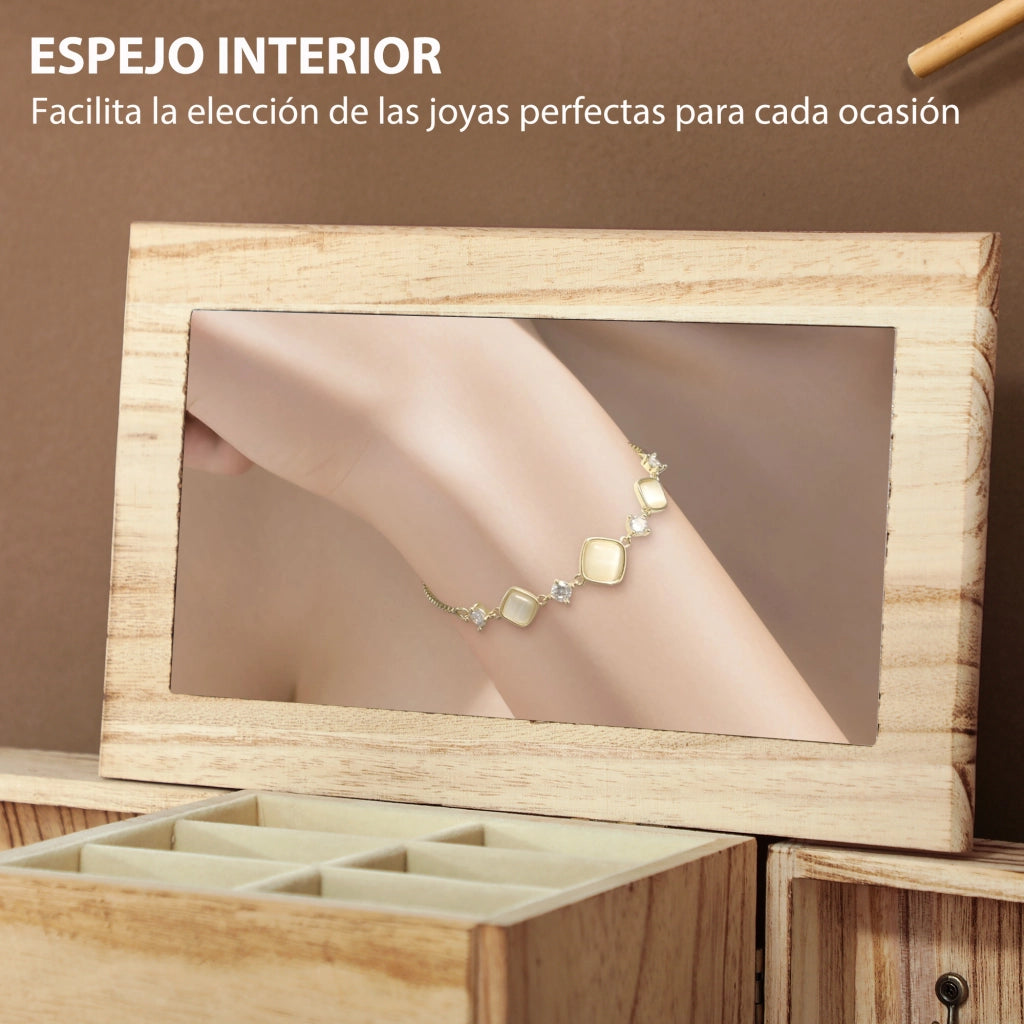 Organizzatore Gioielli in Legno 4 Livelli con 2 Cassetti e Specchio ¨C Zephmum ¨C Naturale 50x30x40