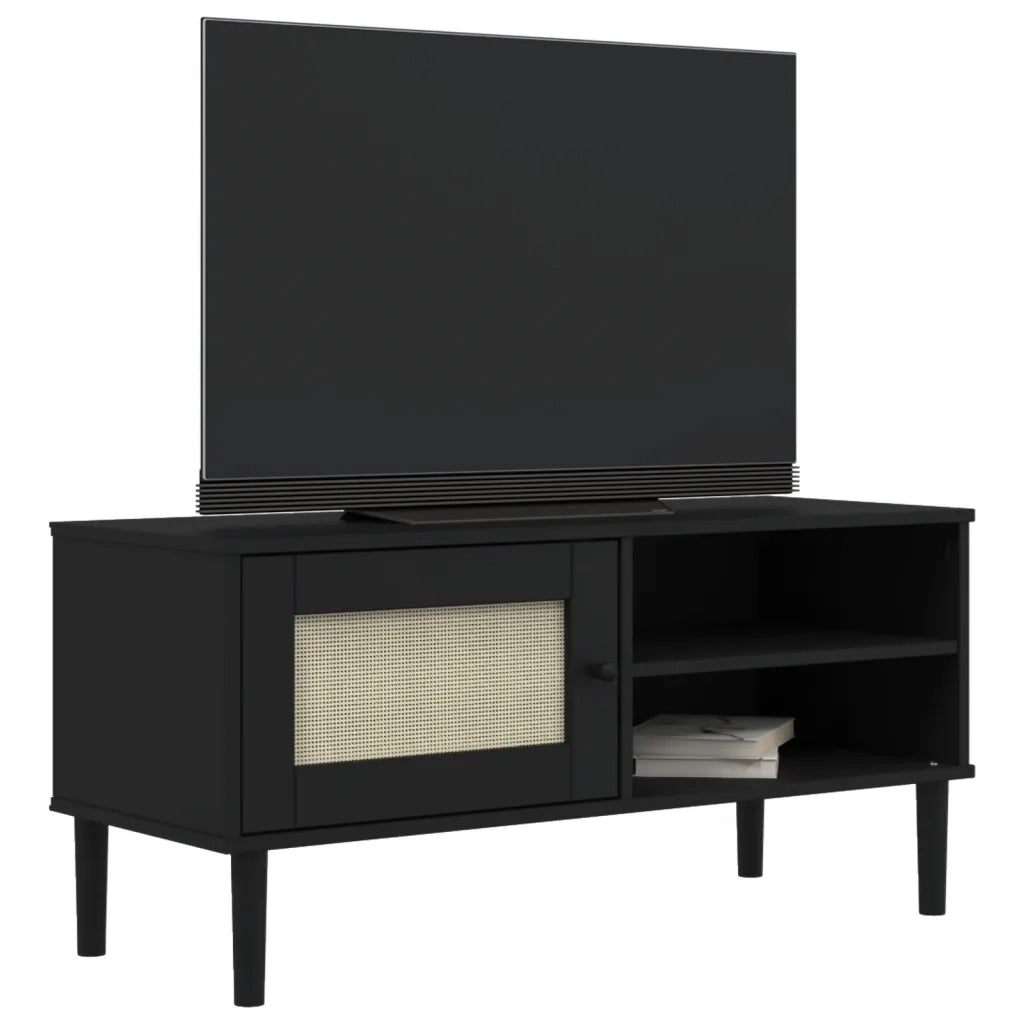 Mobile TV SENJA Aspetto Rattan Nero 106x40x49 cm Massello Pino