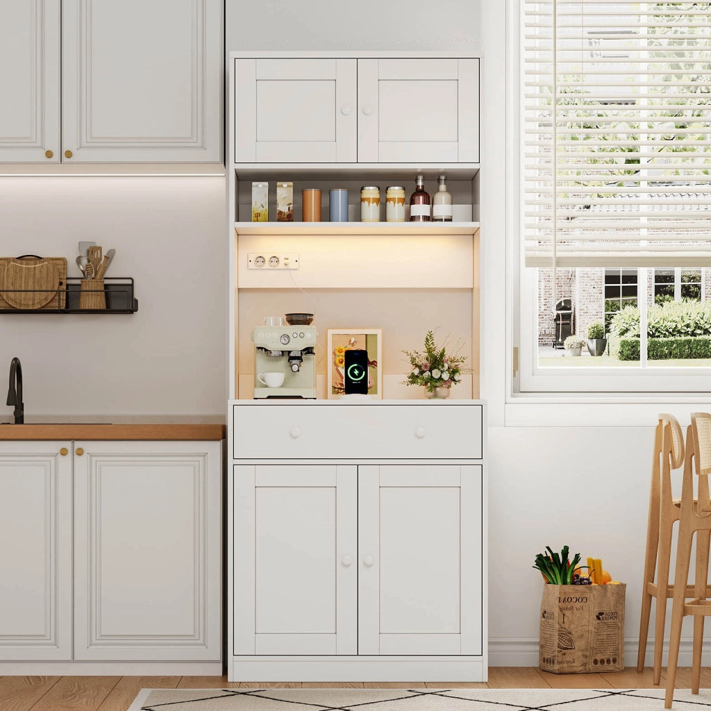 Credenza da cucina alta 180 cm con LED, prese e ampio spazio contenitivo, bianco