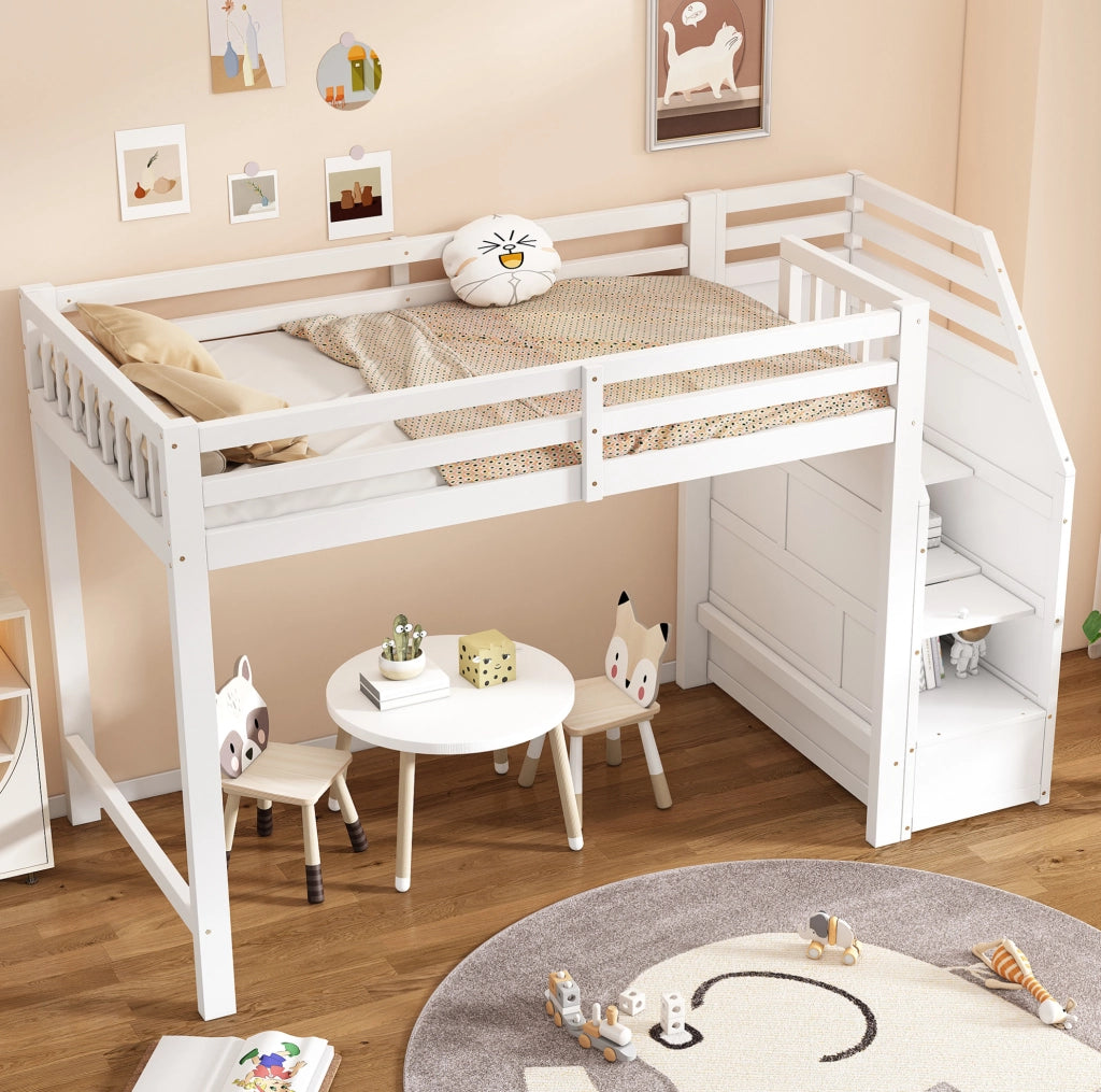 Letto a soppalco ULEVR 90x200 cm con rete a doghe, protezione laterale e scala contenitore, bianco