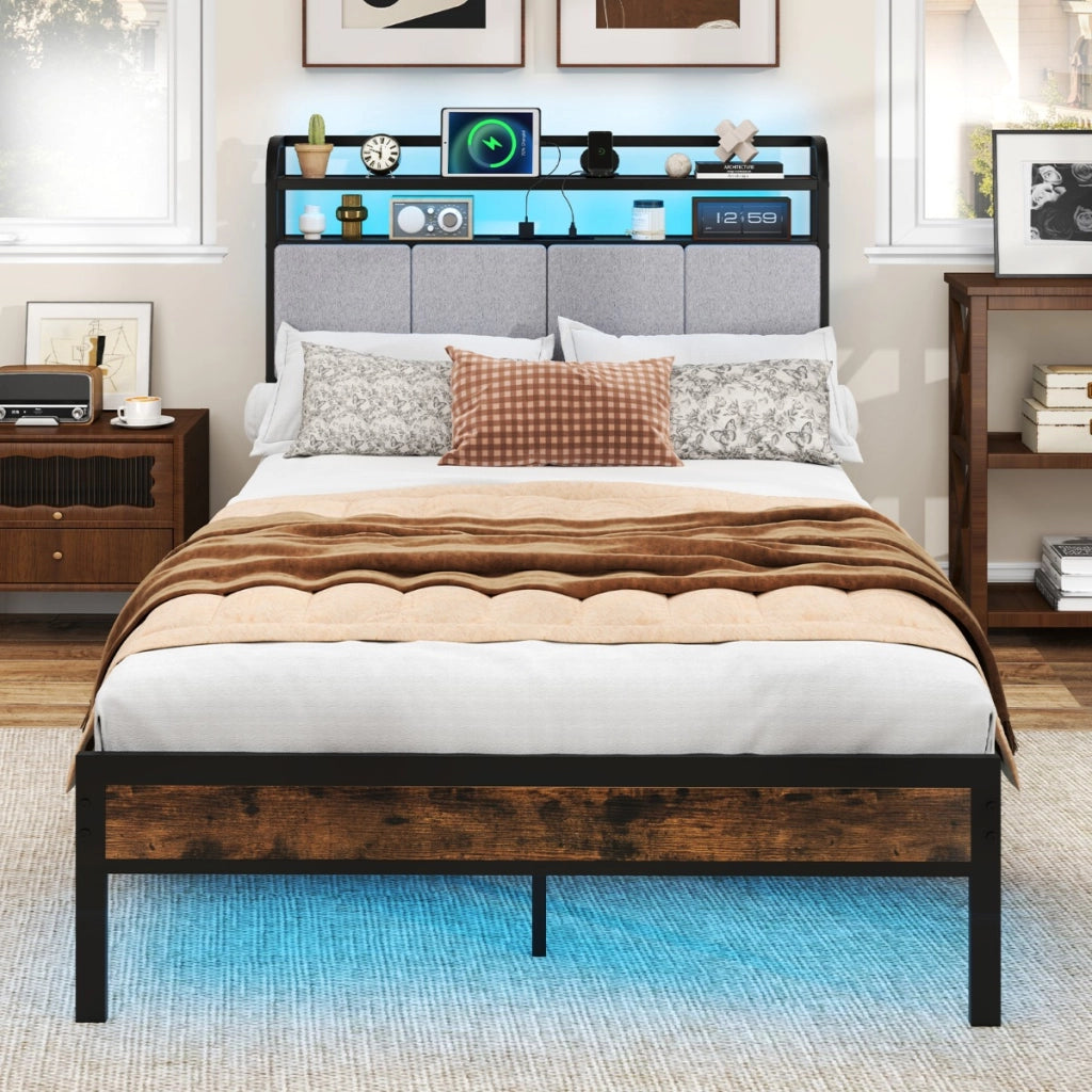 Struttura letto king size con luci LED e stazione di ricarica-Letto metallico piattaforma con testiera rivestita in lino
