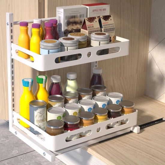 Scatola a muro regolabile in altezza con cassetto scorrevole e ripiano estensibile per spezie, per organizzare lo spazio sotto il piano di lavoro della cucina.