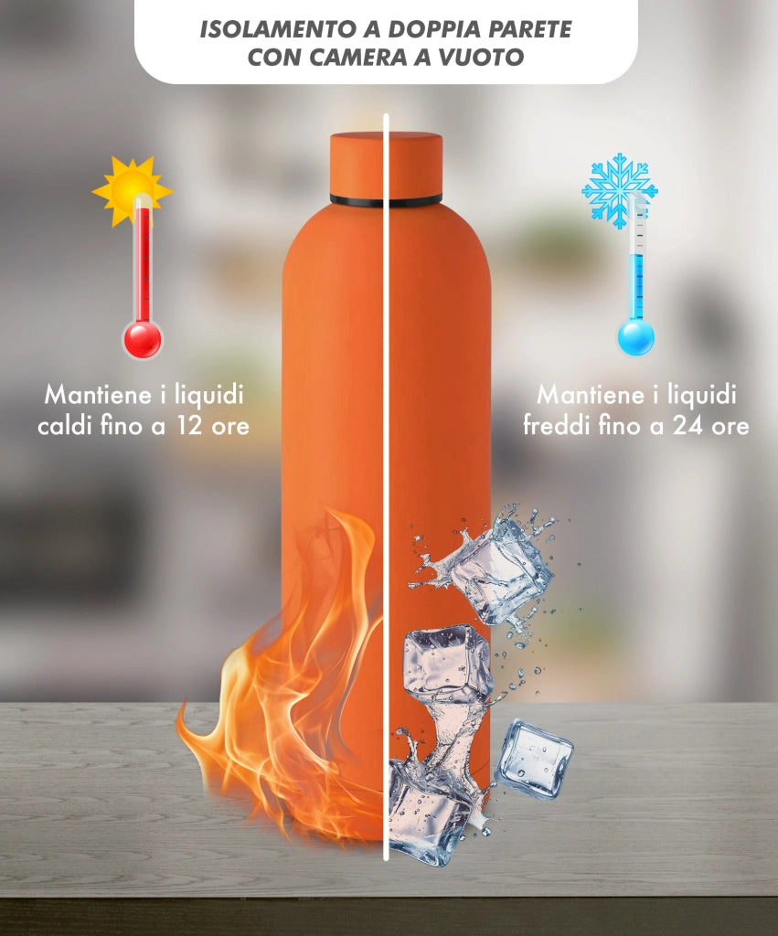 Borraccia Termica 1 Litro Bottiglia Acciaio Inox Inossidabile Doppio Strato 1000 Ml Tappo Antigoccia Doppia Camera Bevande Calde Fredde Termos Sistema Sottovuoto Rivestimento Soft Touch  - Arancio