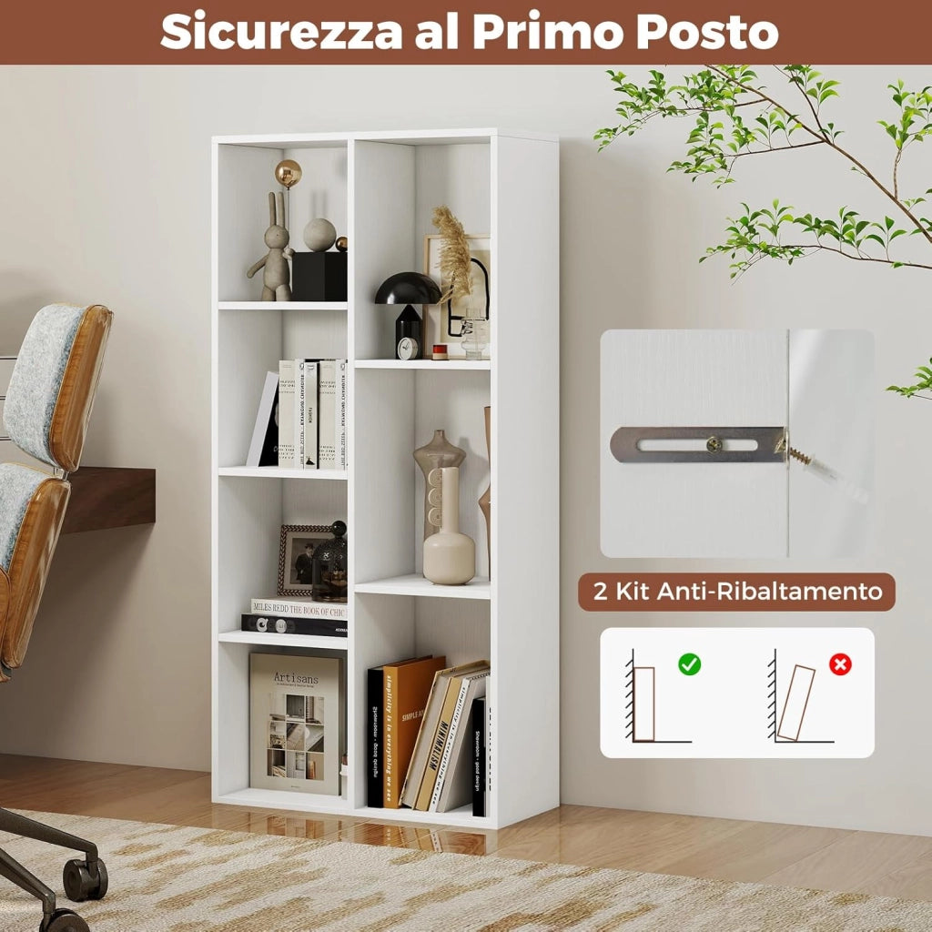 Libreria a 7 Cubi, Scaffale Espositivo con 2 Kit Antiribaltamento, Verticale o Orizzontale, Mobile per Camera da Letto Soggiorno Salotto, 49,5 x 23 x 106 cm (Bianco)