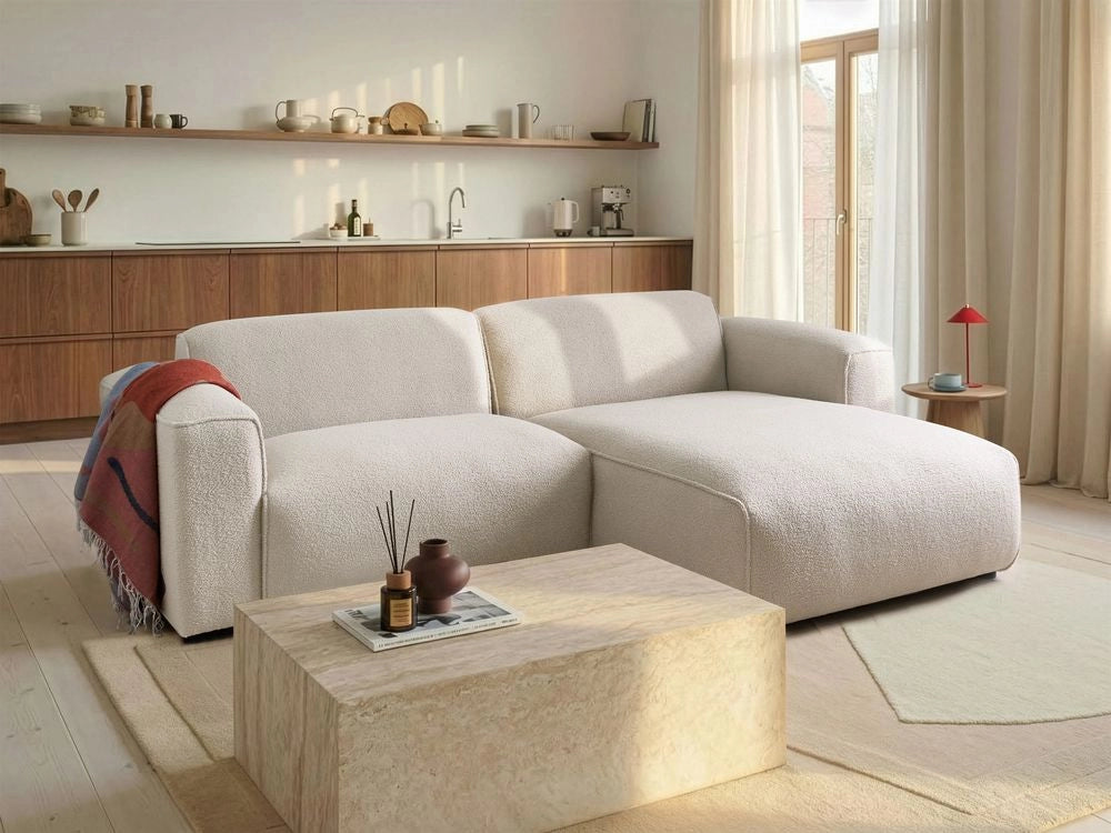 Divano angolare sinistro Rivestimento bouclé beige Gambe in legno di pino 3 posti Soggiorno