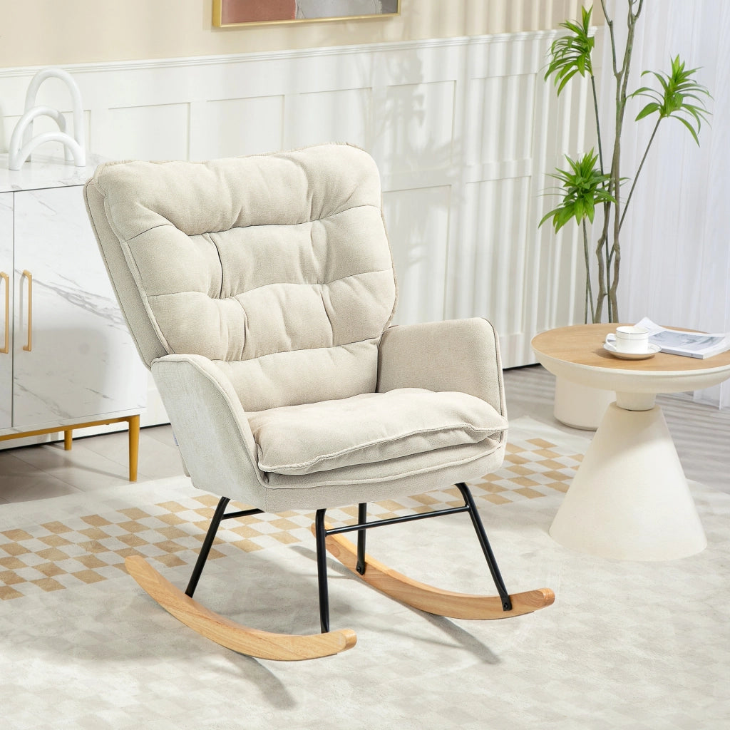 Poltrona a Dondolo ¨C Zephmum ¨C Beige con Schienale Alto in Legno di Faggio