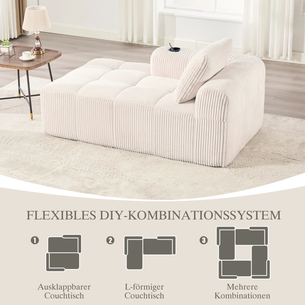 Fauteuil in corduroy con tasche laterali e portabicchieri, schiuma ad alta densità e struttura stabile, beige