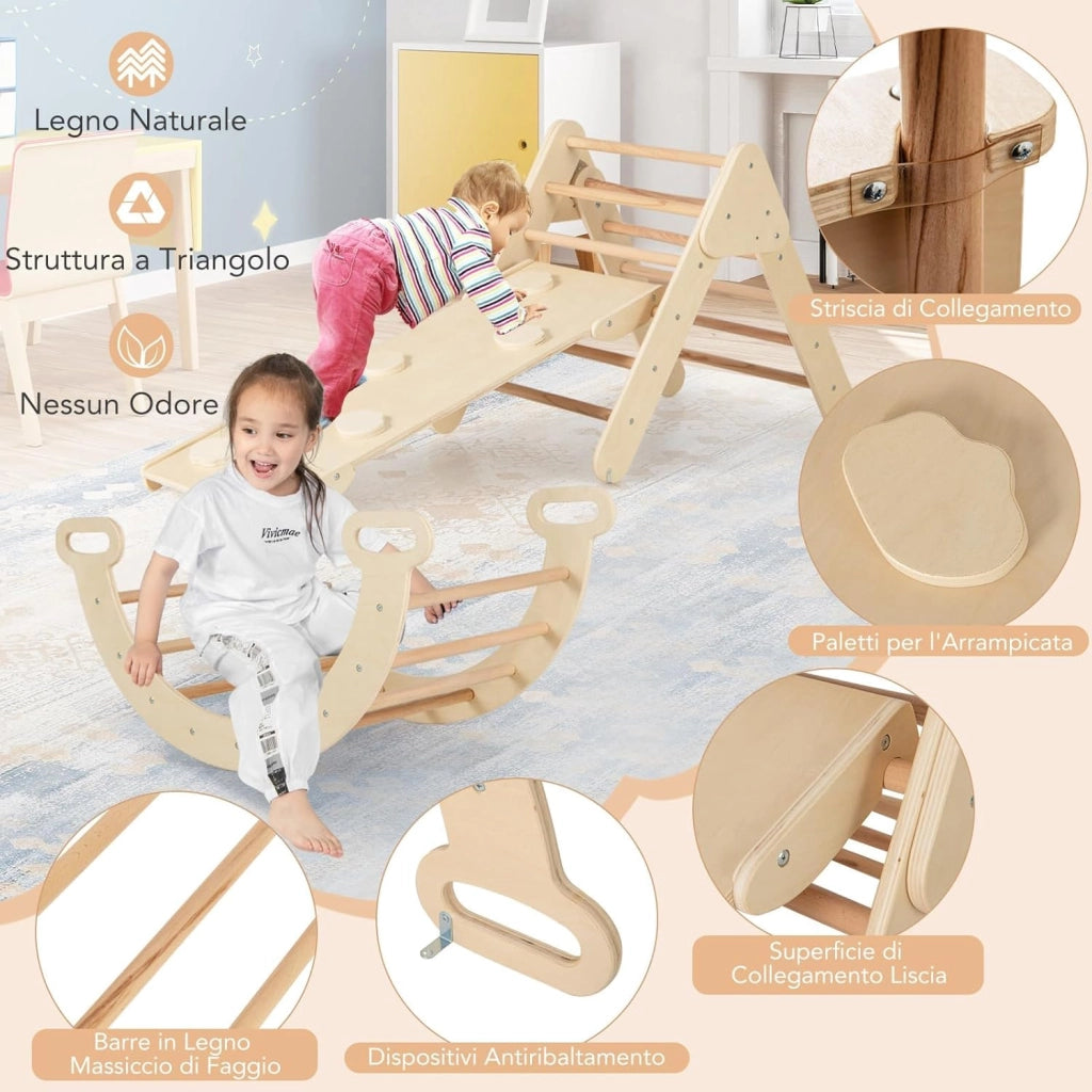 4 in 1 Set da Arrampicata per Bambini, Giocattoli da Arrampicata a Triangolo con Triangolo Arco e Salita, Ideale per Bambini 1 Anni + (Naturale)