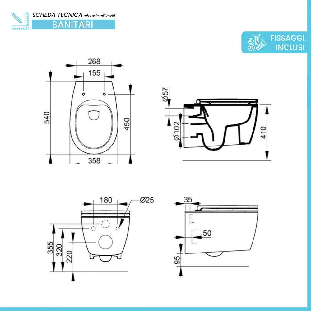 Wc sospeso bianco lucido con scarico rimless Demy Dolomite