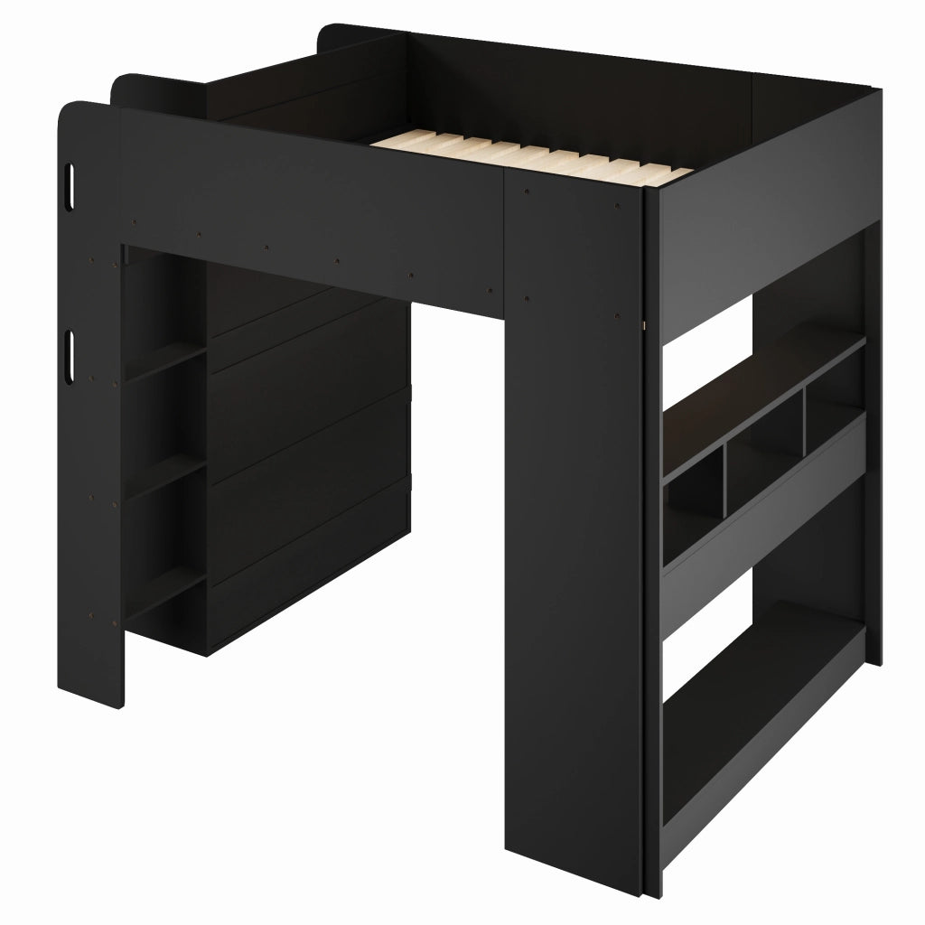Letto a soppalco 140x200 cm con scrivania; armadio; LED e vani nero
