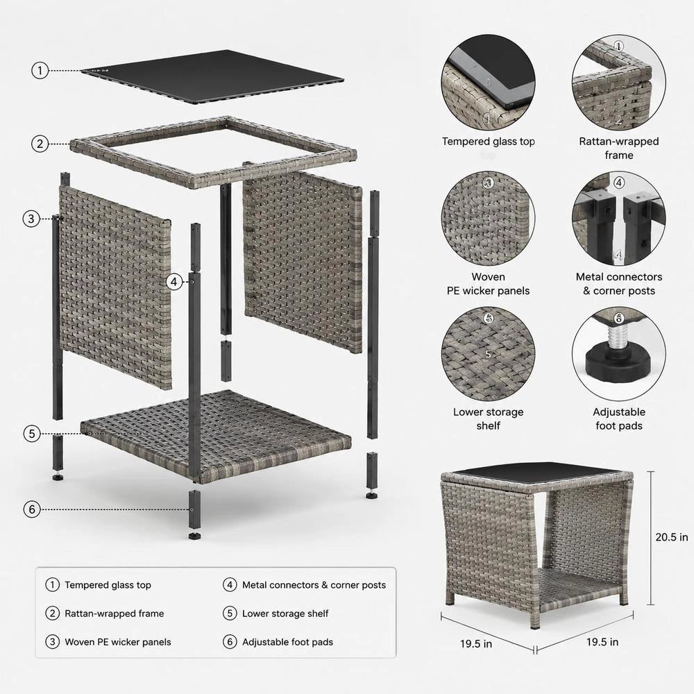 Coffee Table Grey 45x45x40 Cm Poly Rattan And Glass