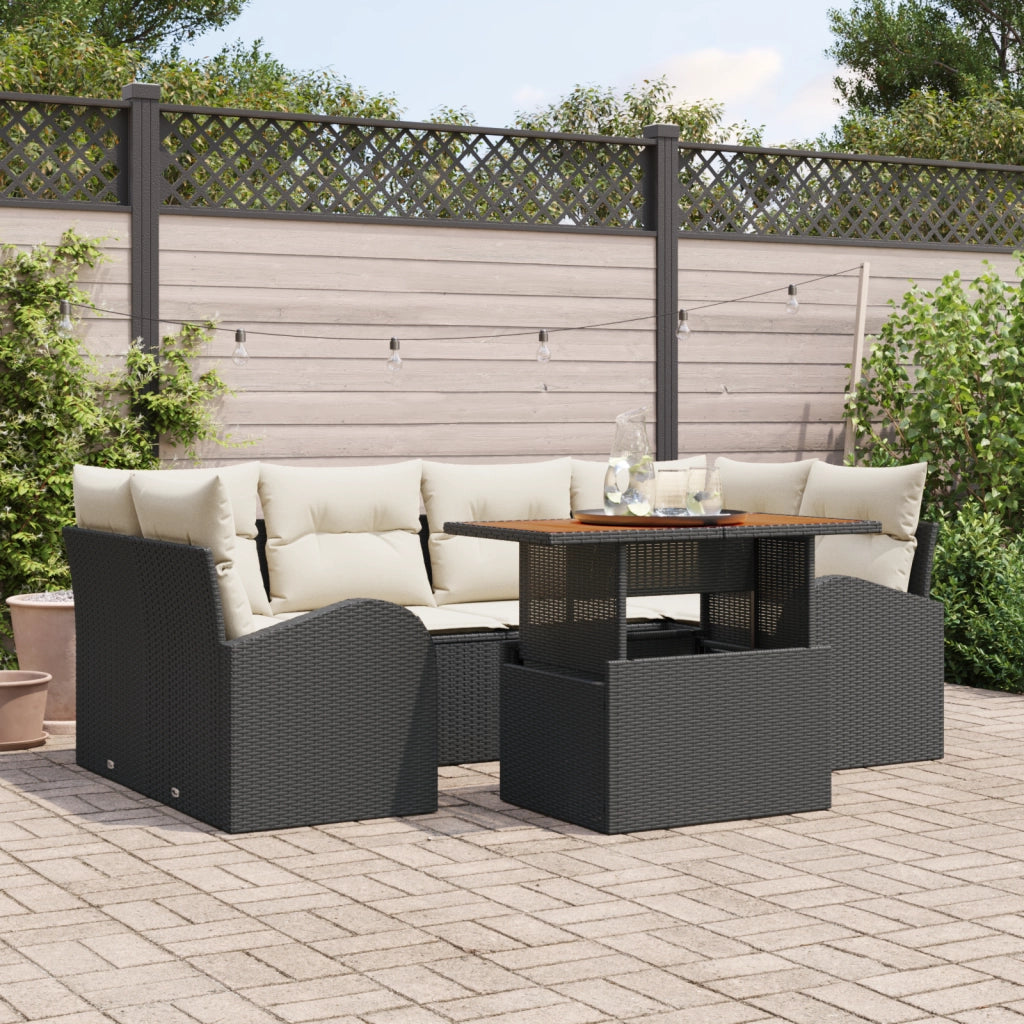 Set da Pranzo Giardino 7 Pezzi con Cuscini Nero Polyrattan Acacia
