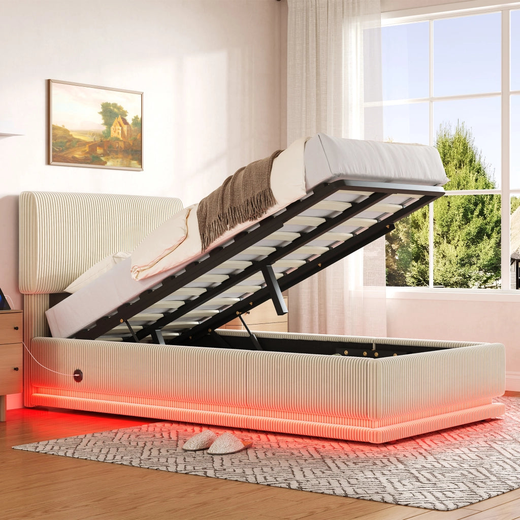 Letto imbottito con LED USB regolabile 90x200 cm velluto a coste beige