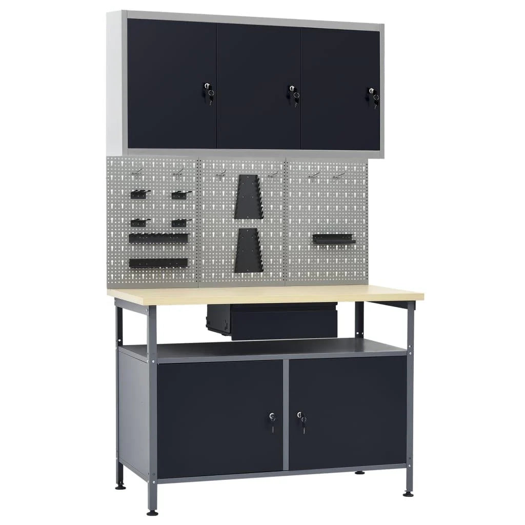 Banco da lavoro 120 cm 3 pannelli a parete e 1 mobiletto da officina tavolo da lavoro grigio/nero 02_0003663