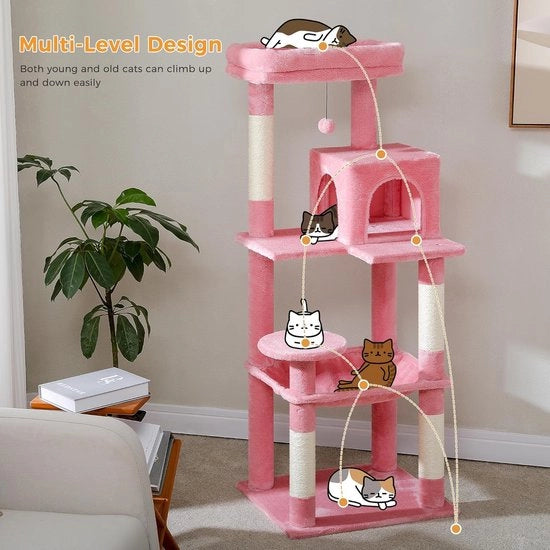 Casa per gatti con struttura in legno, imbottitura, letto comodo, casetta di gioco con buchi, giocattolo per gatti 55L x 45P x 143H centimetri