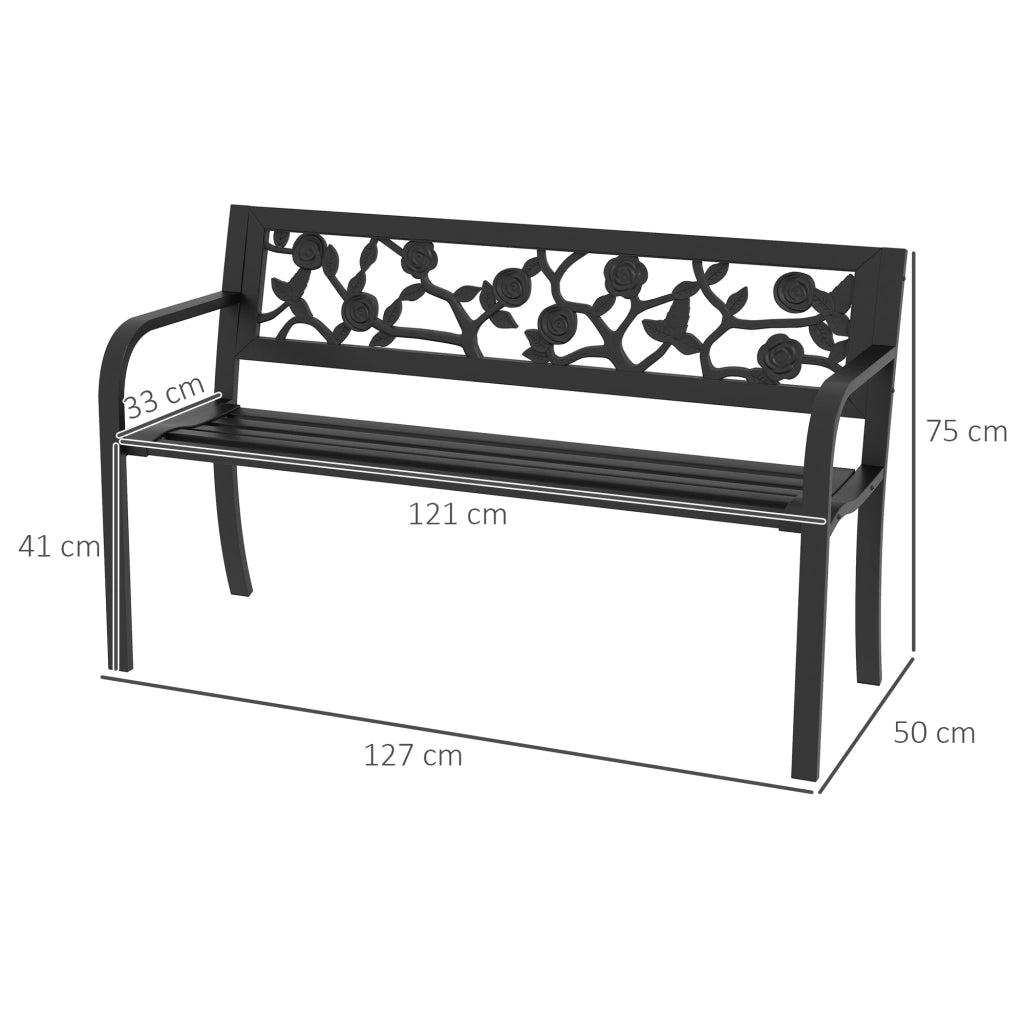Panchina da giardino 2 posti in acciaio resistente per esterno e terrazzo, schienale decorato e braccioli, 127x50x75cm, nero