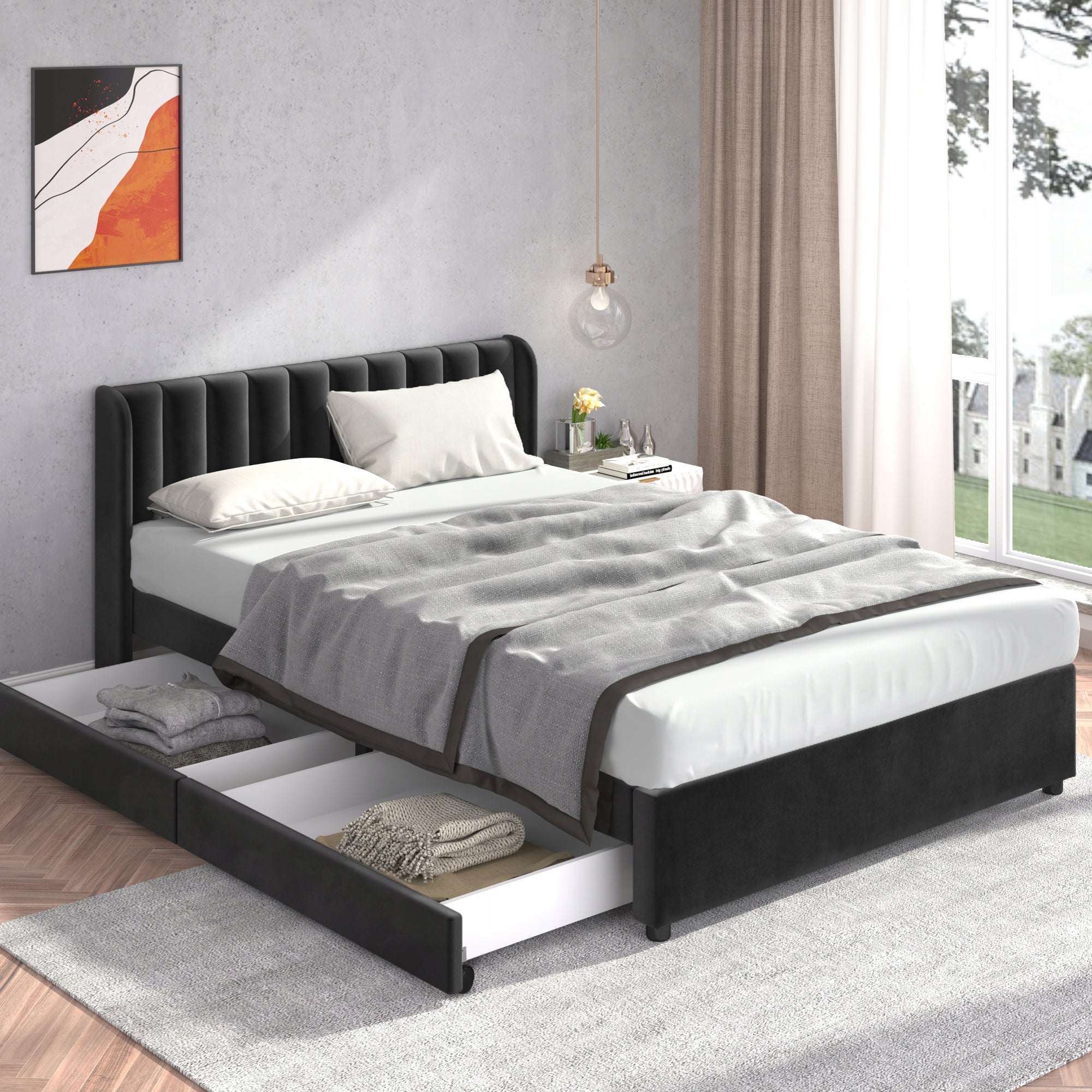 Letto matrimoniale 160x200cm - Xylo - Velluto, 2 cassetti, nero