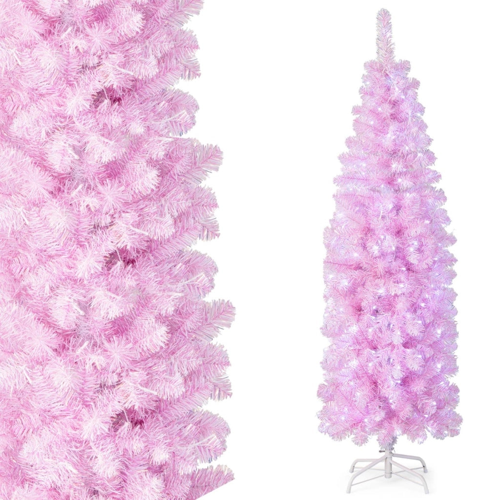 Albero di Natale artificiale pre-illuminato, Decorazione natalizia con luci LED base pieghevole in metallo 180cm-Alberi di Natale