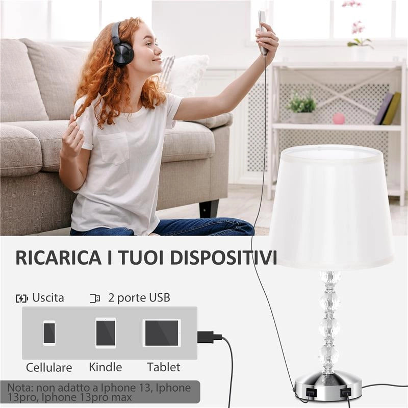 LAMPADA DA TAVOLO CON CRISTALLI E PORTA USB IN METALLO VETRO E POLIESTERE Ø 23X45 CM BIANCO E ARGENTO
