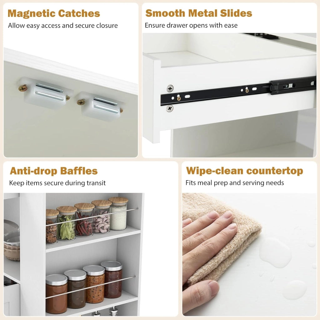 Credenza da Cucina su Ruote, Isola Mobile, Carrello da Servizio con Cassetto e 3 Ripiani, 2 Colori, 75x46x89 cm (Bianco Pieno)