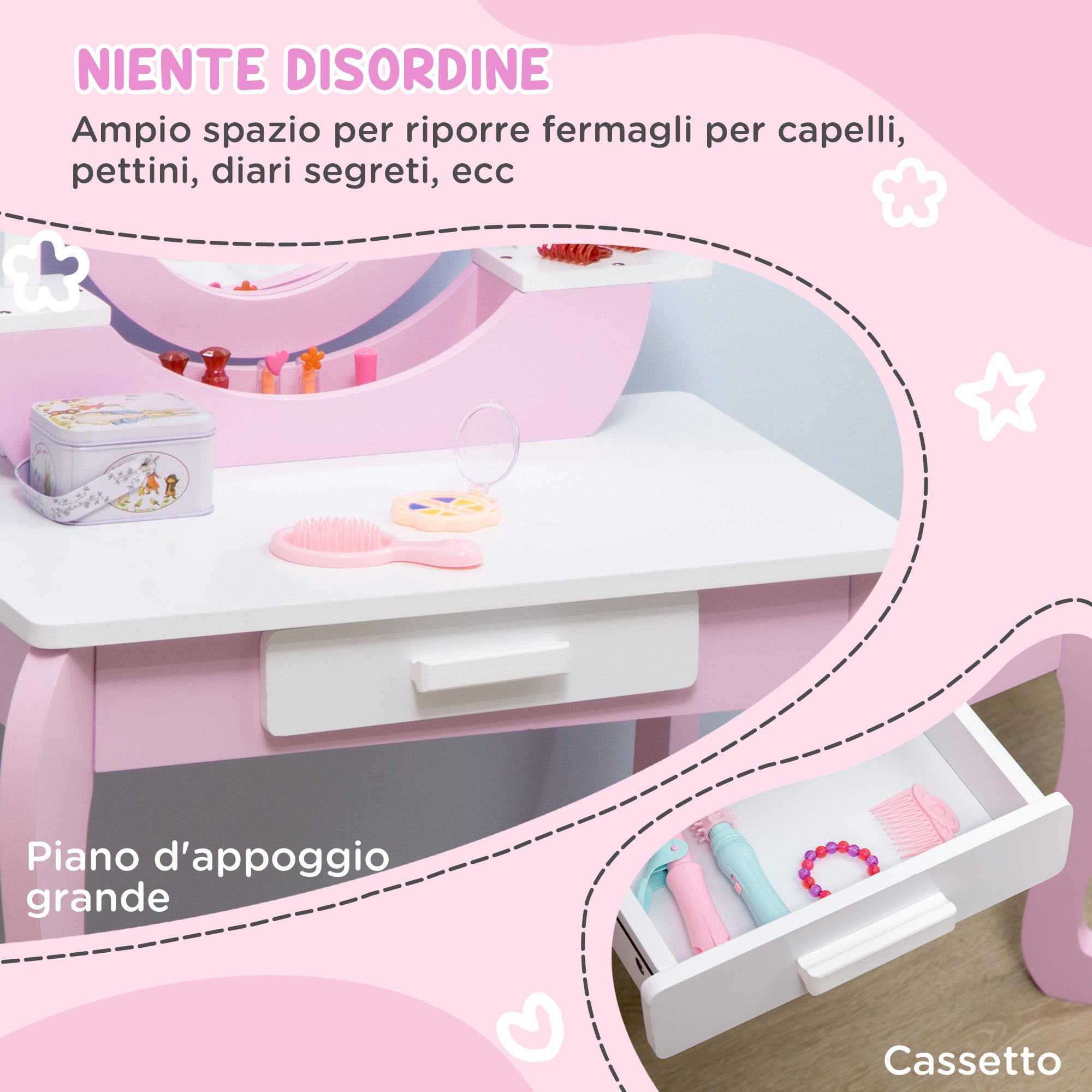 Specchiera Giocattolo per Bambine Tavolo Trucco con Specchio e Sgabello Rosa