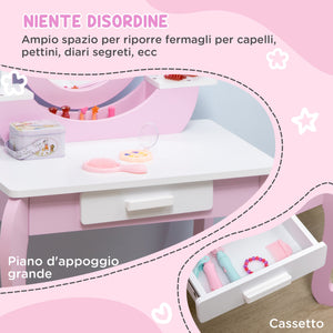 Specchiera Giocattolo per Bambine Tavolo Trucco con Specchio e Sgabello Rosa