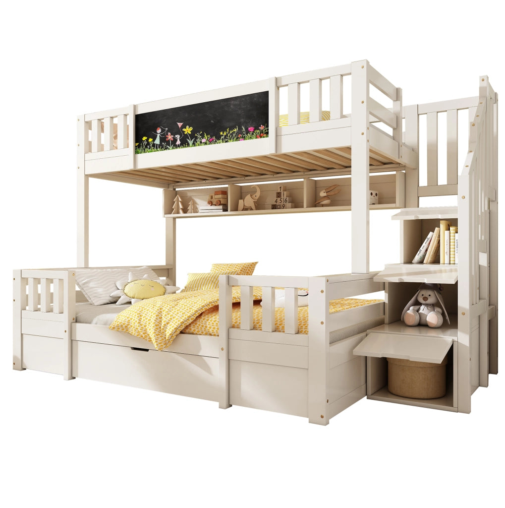 Letto a castello 90x200 e 140x200 in legno bianco con lavagna e contenitori