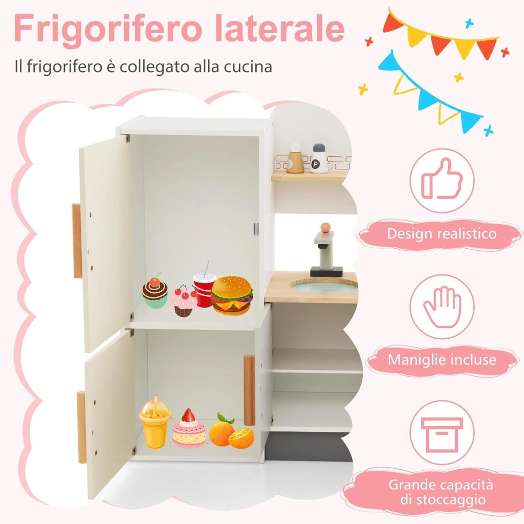 Cucina Giocattolo per Bambini, Set da Cucina in Legno con Cappa Aspirante e Frigorifero Realistici, con Utensili da Cucina in Legno, per Bambini 3+ Anni