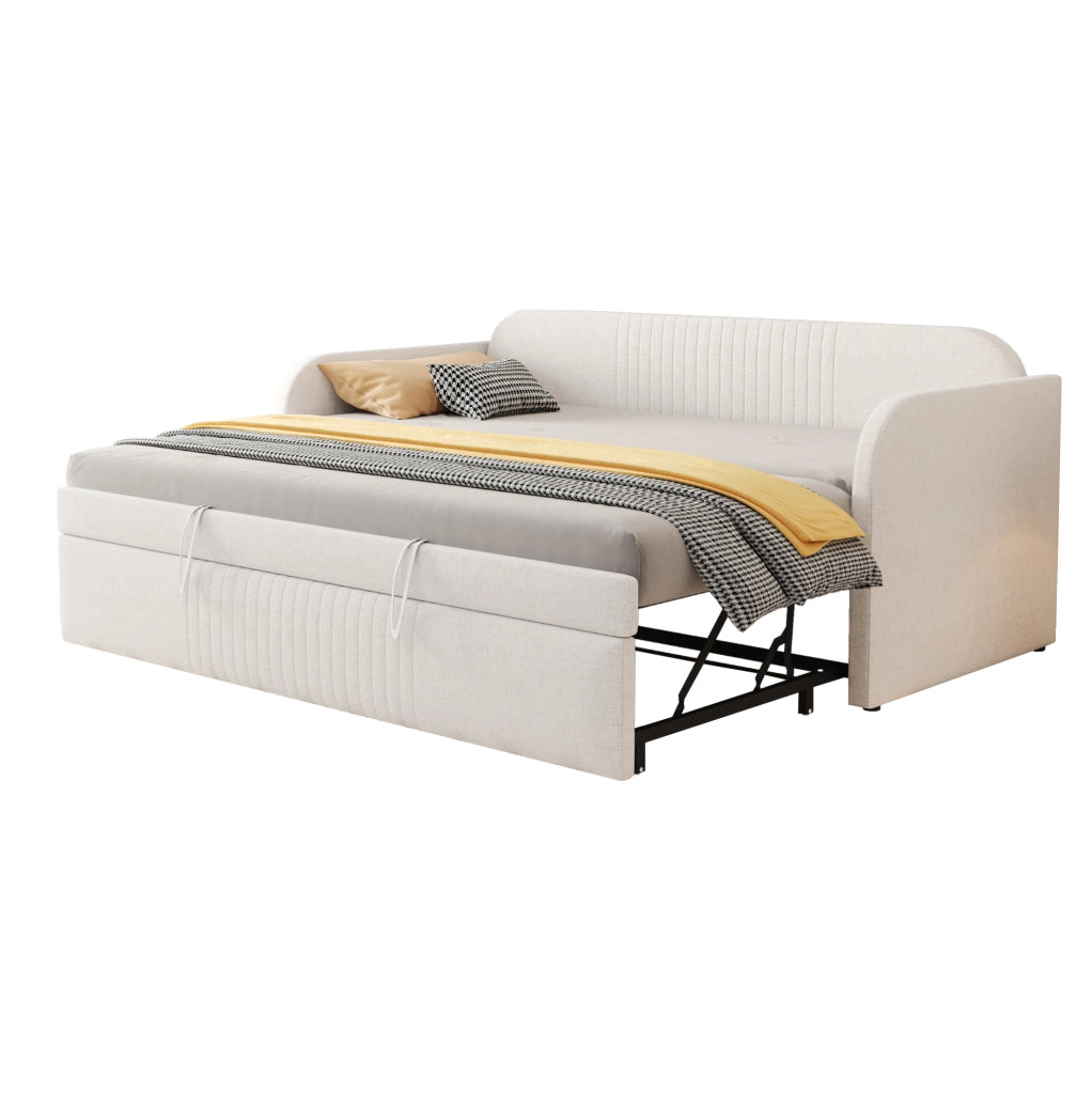 Divano letto imbottito 90x190 cm convertibile in 180x190 cm; rete a doghe; lino beige