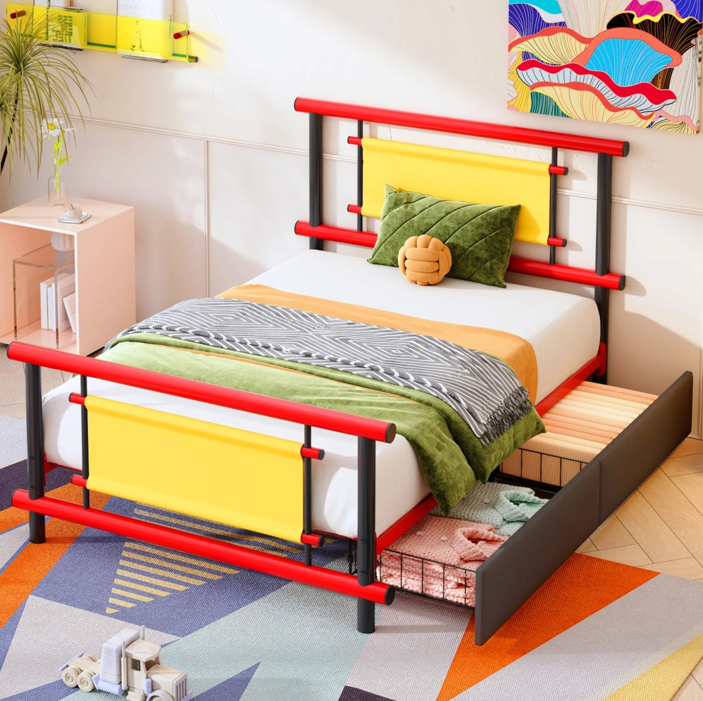 Letto singolo per bambini in metallo rosso 90x200 cm con cassetti