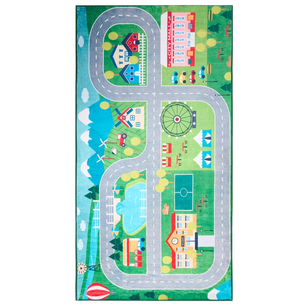 Tappeto Verde Poliestere 80 x 150 cm Mappa Stradale Città Viaggio a Tema Tappetino da Gioco
