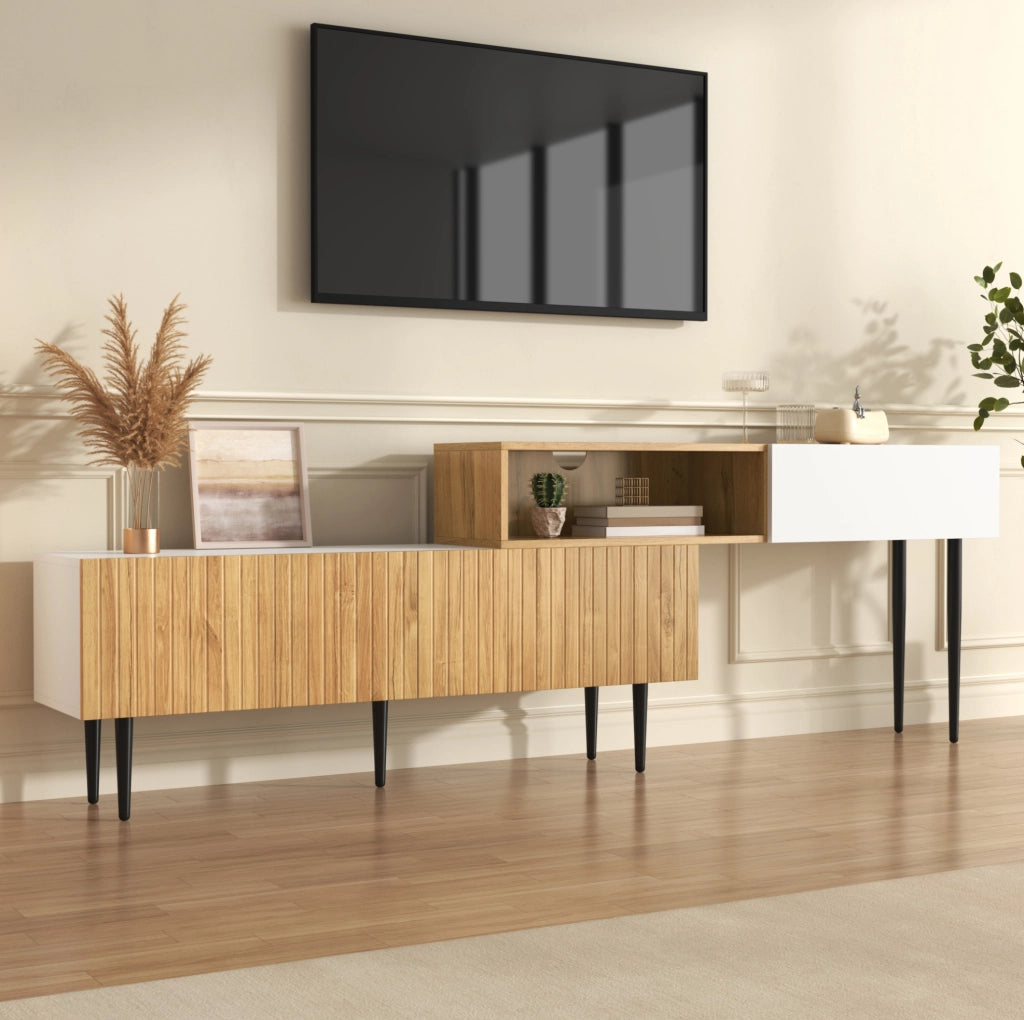 MOBILE TV modulare 240x30x63,5 cm Bianco e legno Set da 2 pezzi