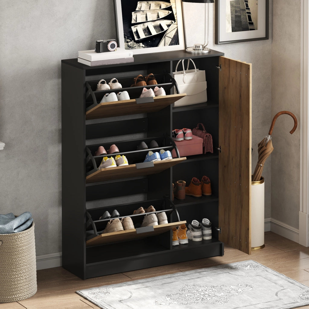 Scarpiera con 3 ante a ribalta e 1 vano con sportello, per ingresso, in MDF, naturale e nero, 100 × 30 × 130 cm