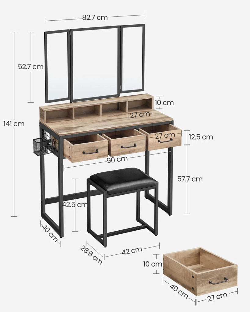 Set da toeletta con sgabello 40 x 90 x 141 cm imbottito con triplo specchio 3 cassetti portaphon e contenitore portaoggetti. Stile industriale marrone rustico e nero. 12_0005420