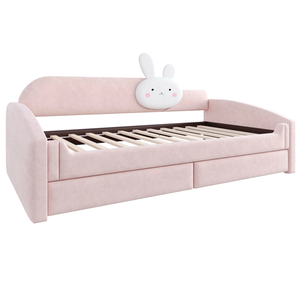 Letto a Divanetto 90x200 cm; Letto per Bambini - 2 Cassetti; LED; in Velluto; Rosa